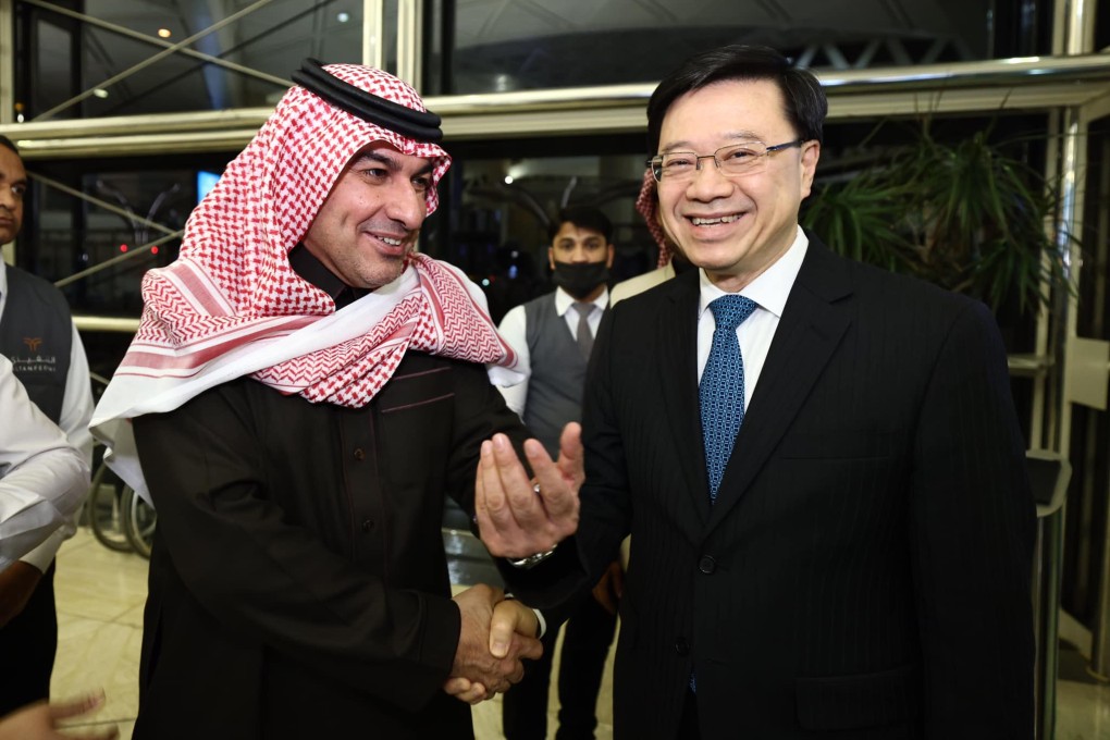 Hong Kong Chief Executive John Lee Ka-chiu is welcomed by Badr AlBadr, deputy minister of the Ministry of Investment, in Riyadh. Photo: Facebook