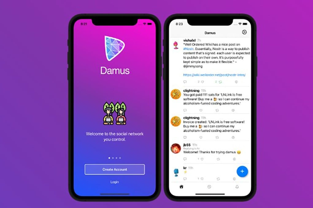 Built on the Nostr open protocol, Damus allows a user to create an account without providing a phone number, email or name, and all private messaging is encrypted. Photo: Handout