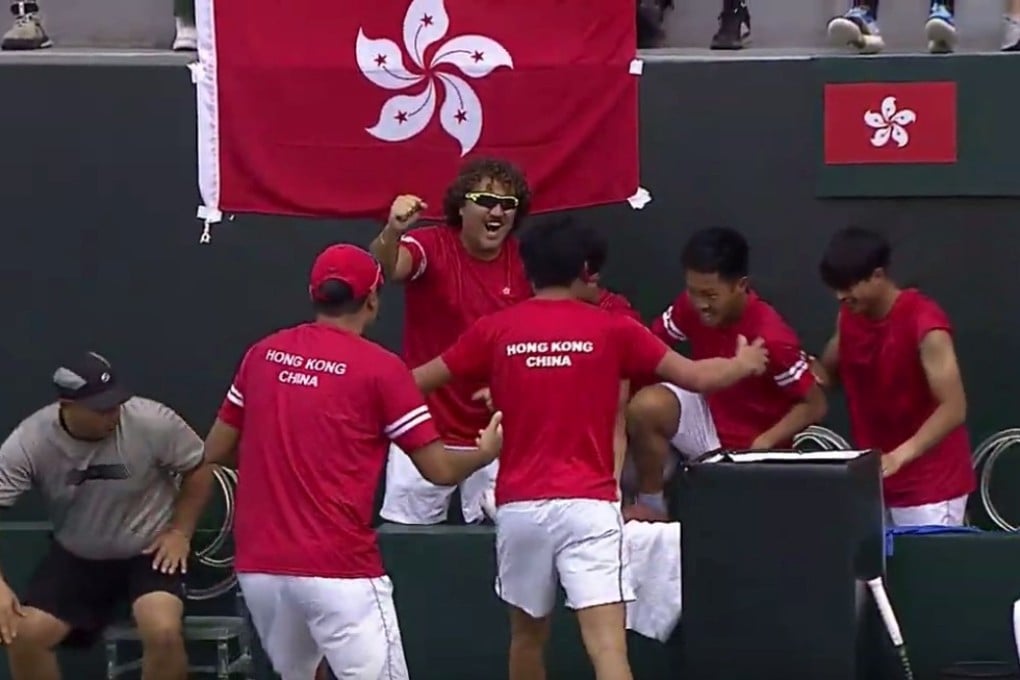 The Hong Kong Davis Cup team celebrates after defeating Venezuela 3-1 in the Group II play-offs. Photo: Hong Kong Tennis Association