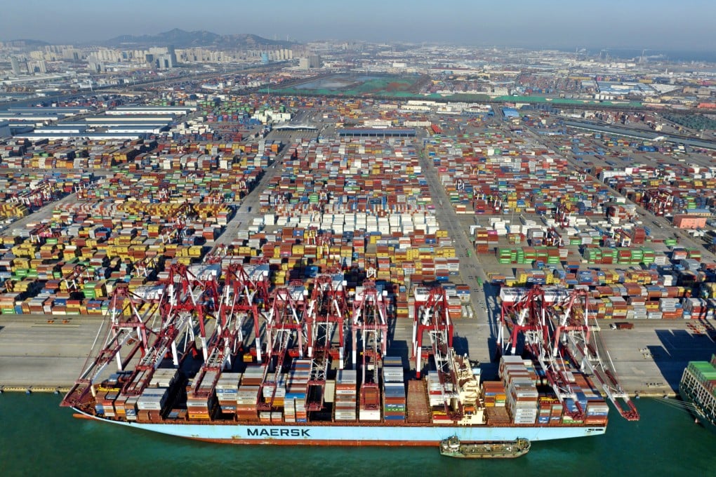 An aerial view of the Qianwan Container Terminal in China’s Shandong province last month shows how shipping containers are piling up. Photo: Xinhua
