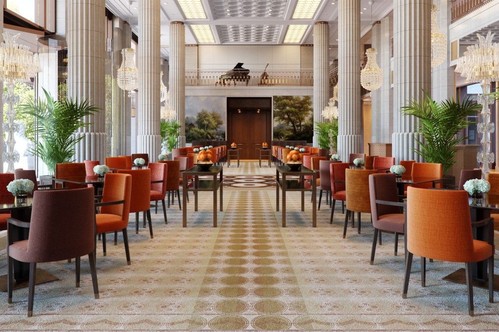 The Lobby at The Peninsula London is reminiscent of the Hong Kong flagship, with white columns and tables arranged for afternoon tea. Photo: The Peninsula London