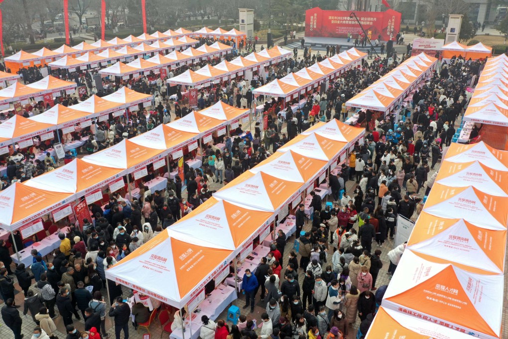Jobseekers attend a bustling employment fair in China’s Shaanxi province on Tuesday. Photo: Xinhua