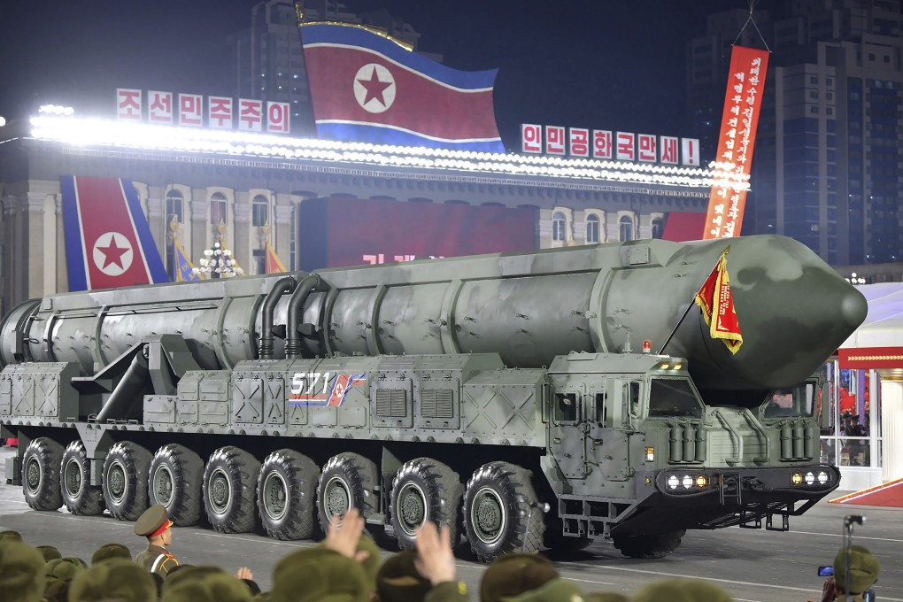 North Korea shows what it says is an ICBM during a military parade to mark the 75th founding anniversary of the Korean People’s Army. Photo: KCNA/KNS/AP