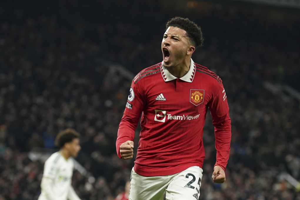 Manchester United’s Jadon Sancho celebrates after scoring his side’s second goal against Leeds United at Old Trafford. Photo: AP