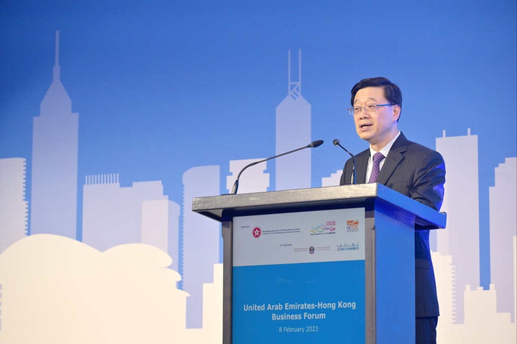 Chief Executive John Lee addresses the UAE-Hong Kong Business Forum in Dubai. Photo:   SCMP