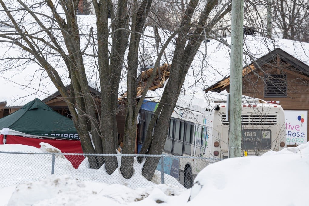 A Laval city bus is seen crashed into a day care facility in Laval, Quebec, Canada on Wednesday. Photo: Reuters