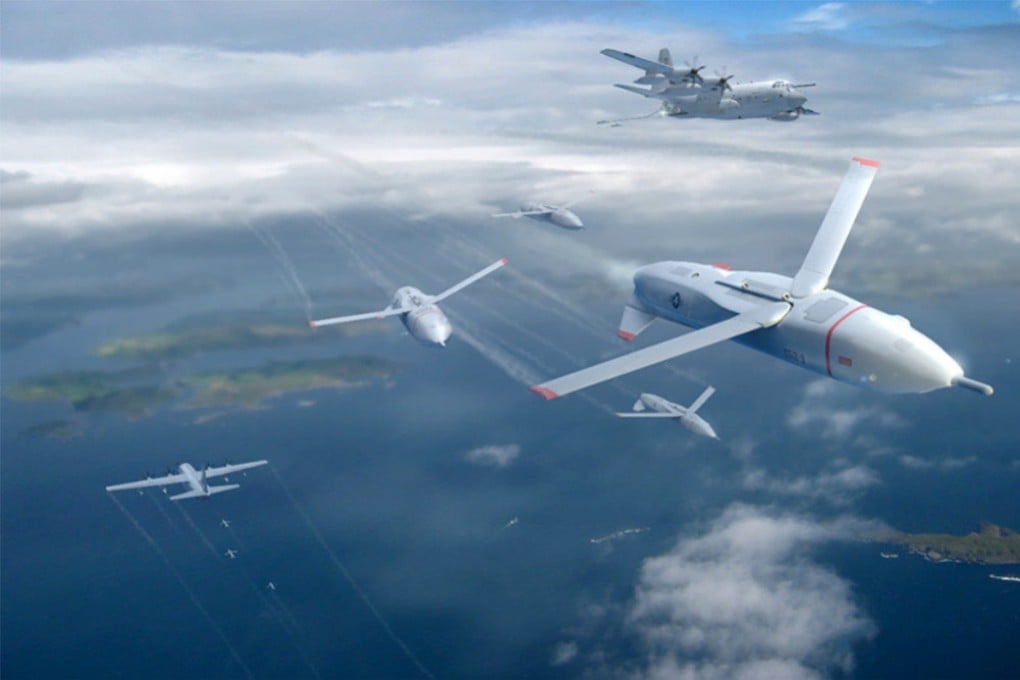 An artist’s impression of a Gremlin drone swarm being released from an American C-130, which would serve as a flying aircraft carrier to which the drones would also return. Graphic: DARPA
