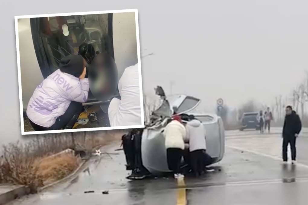 A woman who braved cold weather to help a man trapped after a car accident is being hailed on mainland social media after staying with him for an hour until help arrived. Photo: SCMP composite/Handout