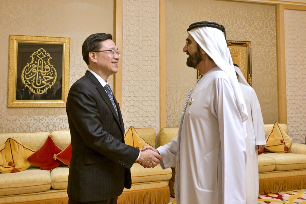 Hong Kong Chief Executive John Lee meets HH Sheikh Mohammed bin Rashid Al Maktoum, vice-president and prime minister of the United Arab Emirates and the ruler of Dubai on Thursday. Photo: Handout