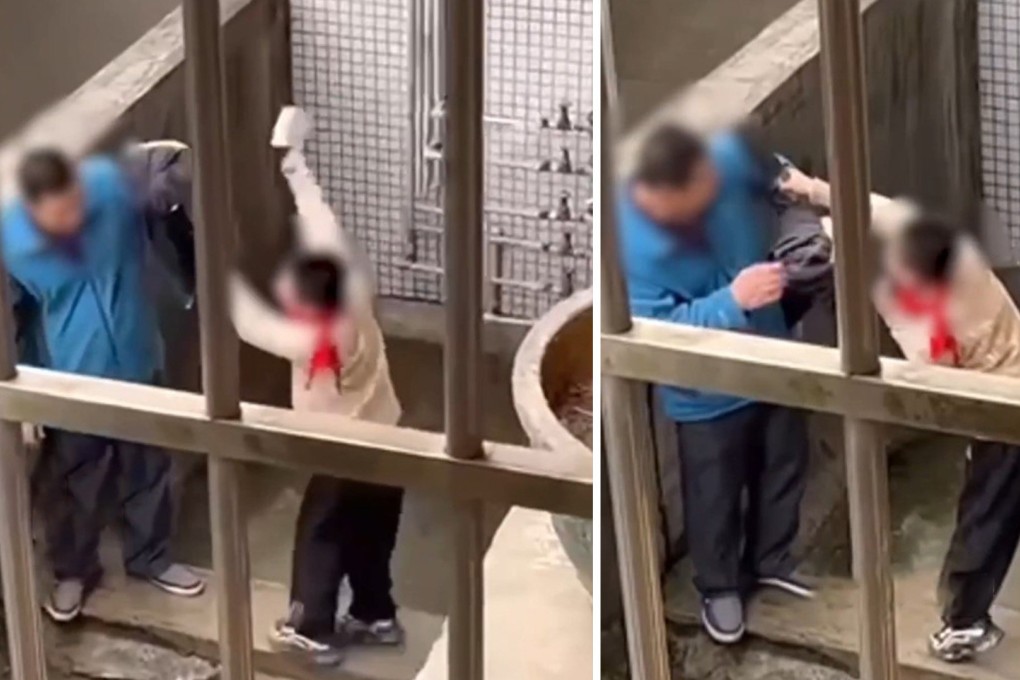 The shocking moment when the boy, angry that his father had seized his mobile phone, lunges at his dad with a meat cleaver. Photo: Weibo