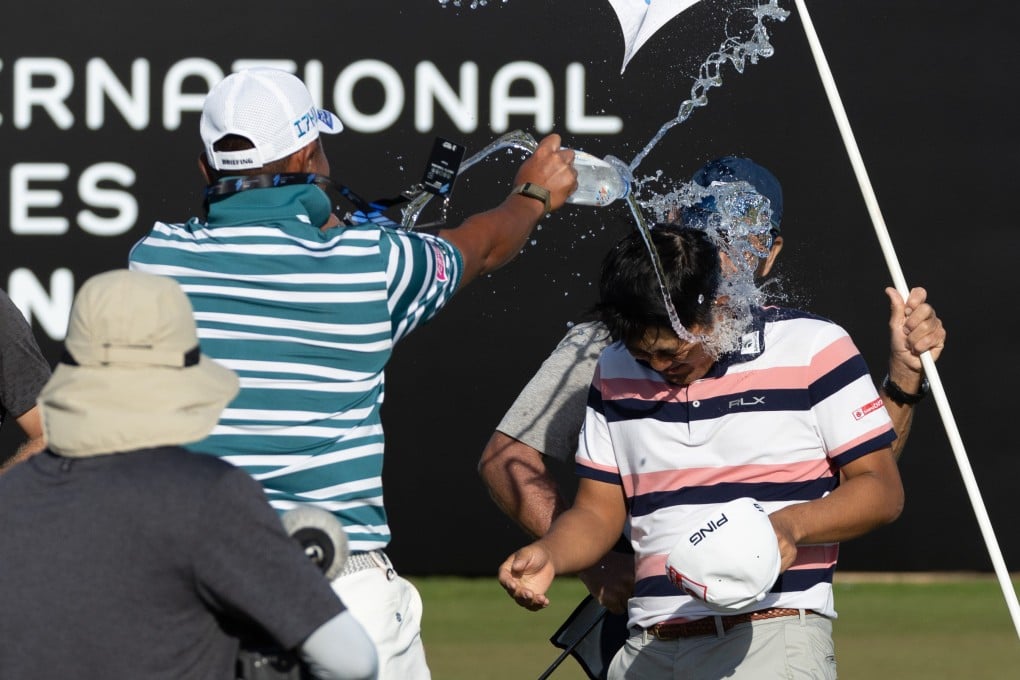 Takumi Kanaya celebrates after the International Series Oman at Al Mouj Golf Club. Photo: Asian Tour