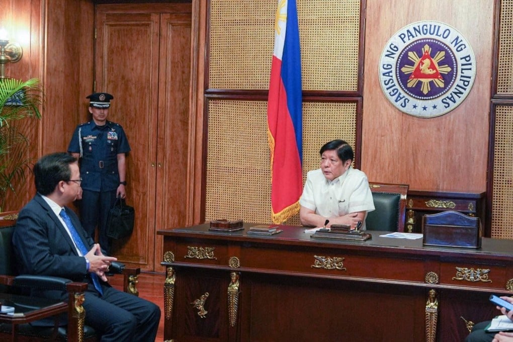 Philippine president Ferdinand Marcos Jnr meets with Chinese Ambassador Huang Xilian in Manila to address the incident between Chinese and Philippine coastguards in the South China Sea. Photo: Handout via AFP
