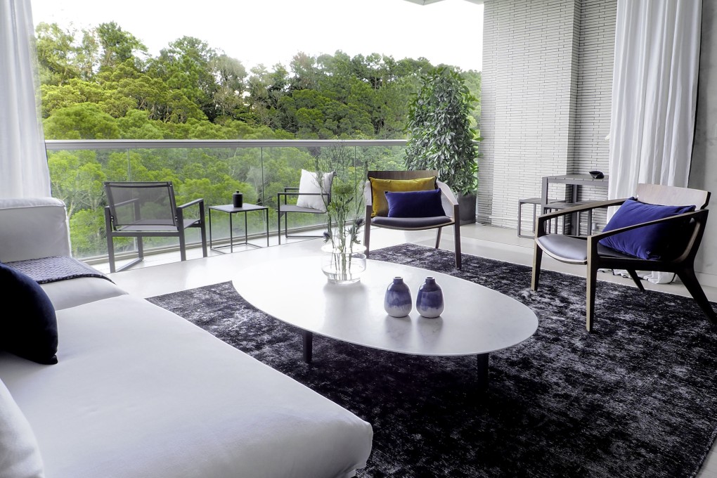 Canadian social media celebrity Taylor R’s living room and balcony in Sai Kung, Hong Kong. Her 1,800 sq ft apartment with private rooftop was designed by Peggy Bels Interior Design. Photo: Geoffroy Renard