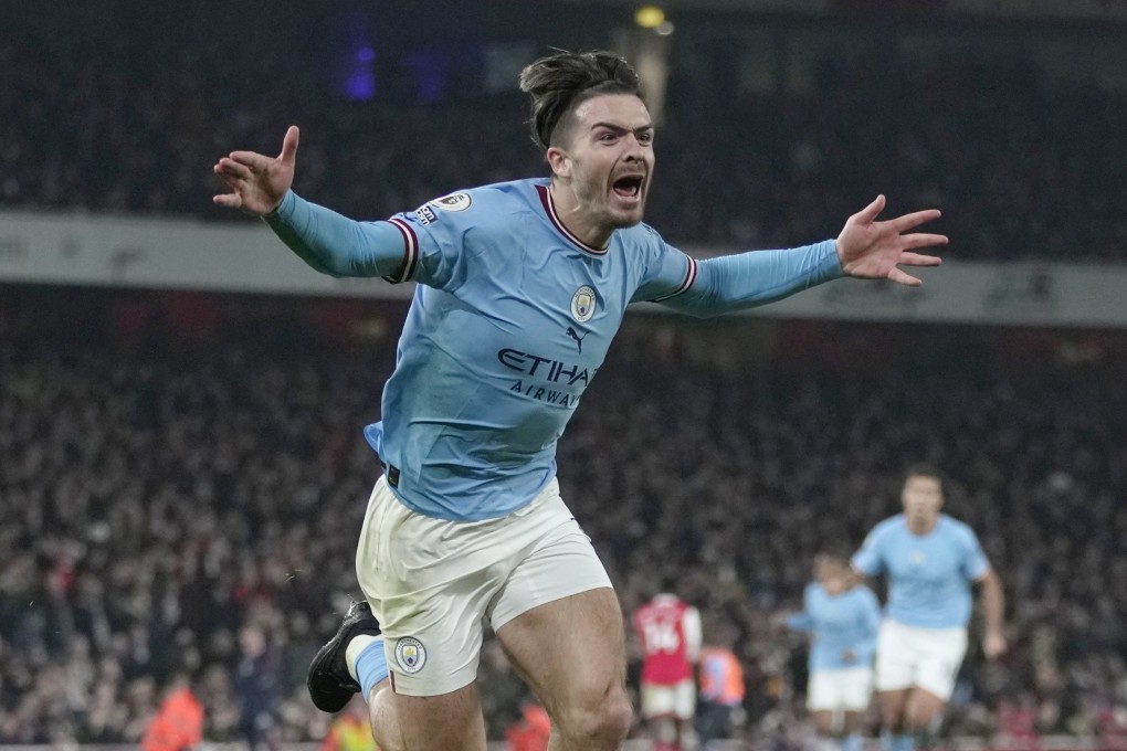Manchester City’s Jack Grealish celebrates after scoring his side’s second goal against Arsenal. Photo: AP