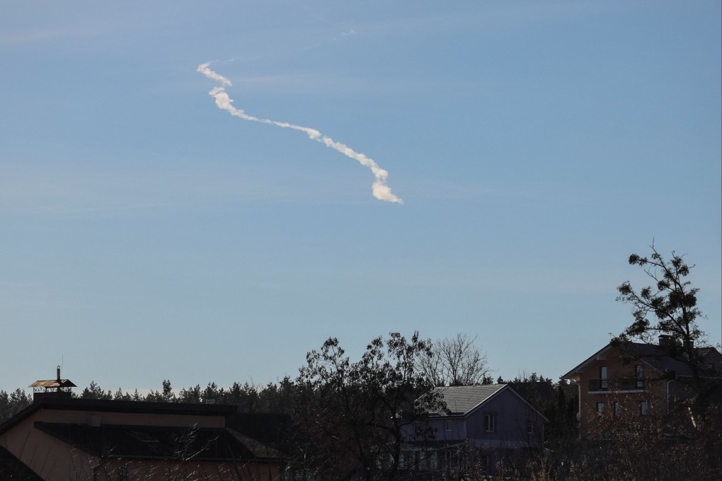 A missile trace is seen in the sky, as Russia’s attacks on Ukraine continue. Photo: Reuters