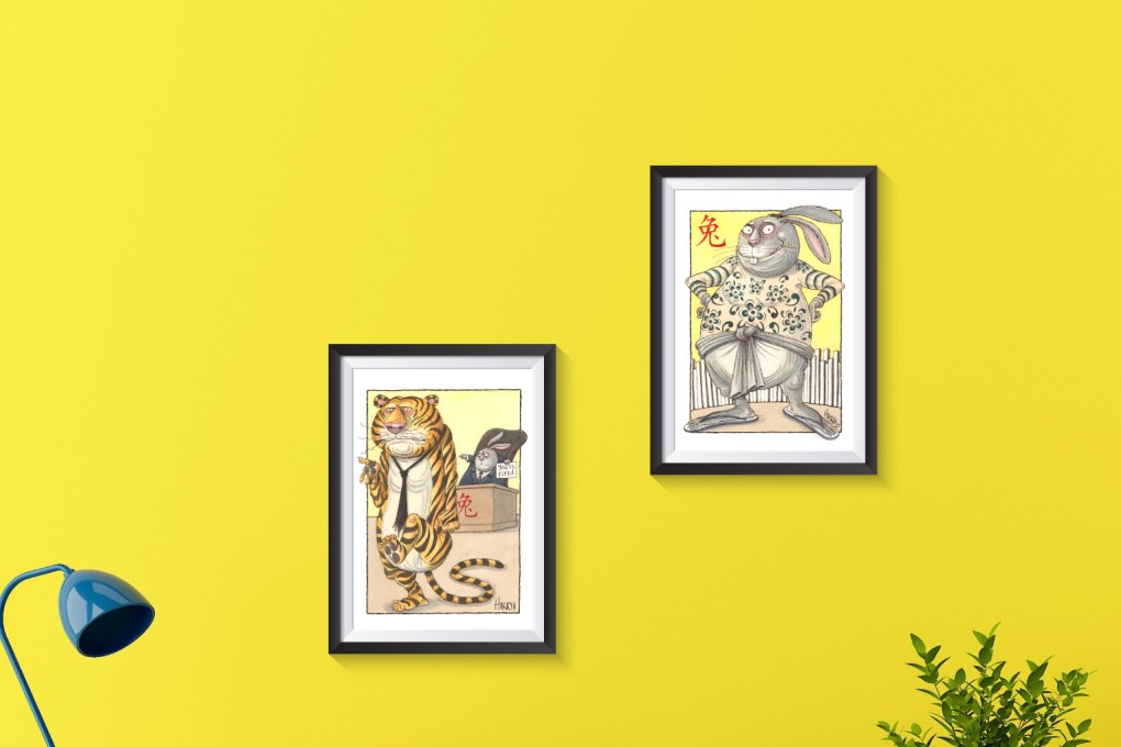 “Performance rating” and “Festive ink”, two of the eight illustrations in Post cartoonist Harry Harrison’s “More Carrot, Less Stick” collection, which will be auctioned online. Registration for the auction opens on February 16. Photo: Harry Harrison