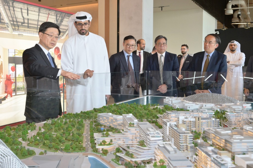 John Lee (left), Hong Kong’s chief executive, during a visit to Abu Dhabi. On his trip to the Middle East in February, Lee told his hosts Hong Kong had “no restrictions whatsoever” in terms of Covid-19-related controls despite an ongoing public mask mandate with a fine for non-compliance. Photo: Handout via Xinhua