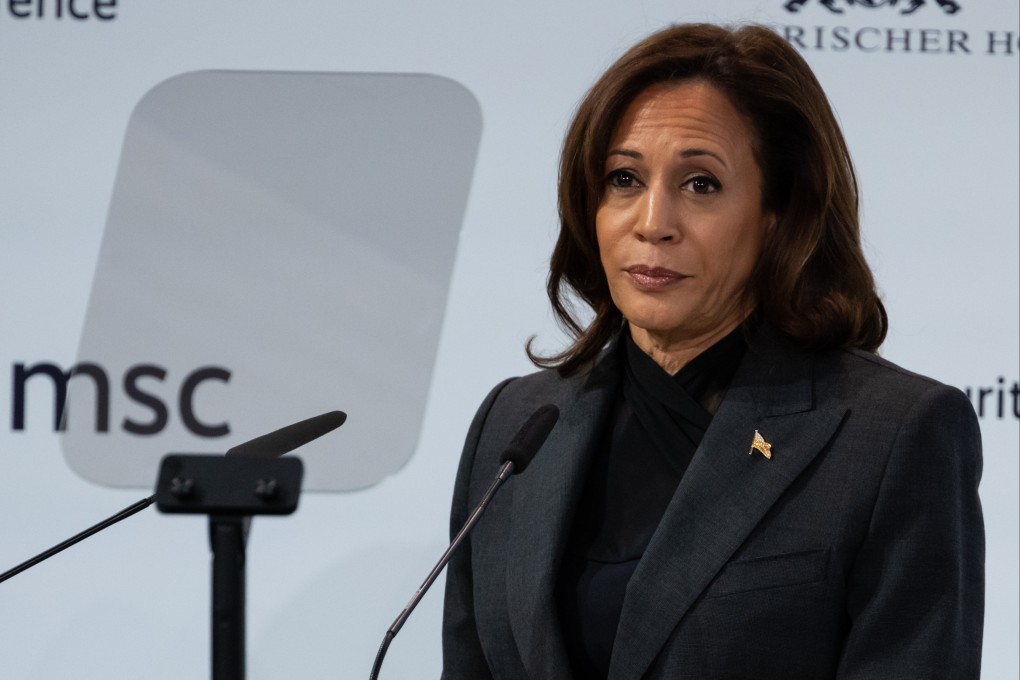 US Vice-President Kamala Harris speaks at the Munich Security Conference in Germany on Saturday. Photo: dpa