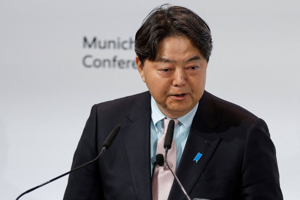 Japan’s Foreign Minister Yoshimasa Hayashi delivers a speech at the Munich Security Conference in Munich, Germany on Saturday. Photo: AFP