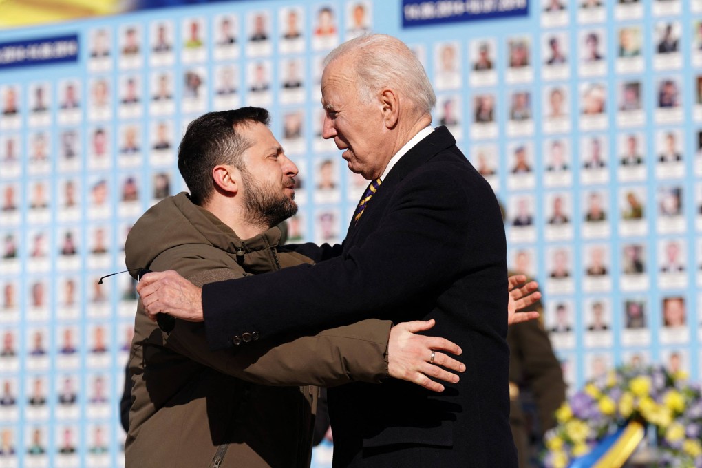 US President Joe Biden (right) is greeted by his Ukrainian counterpart Volodymyr Zelensky (L) during a visit to Kyiv on Monday. Photo: AFP
