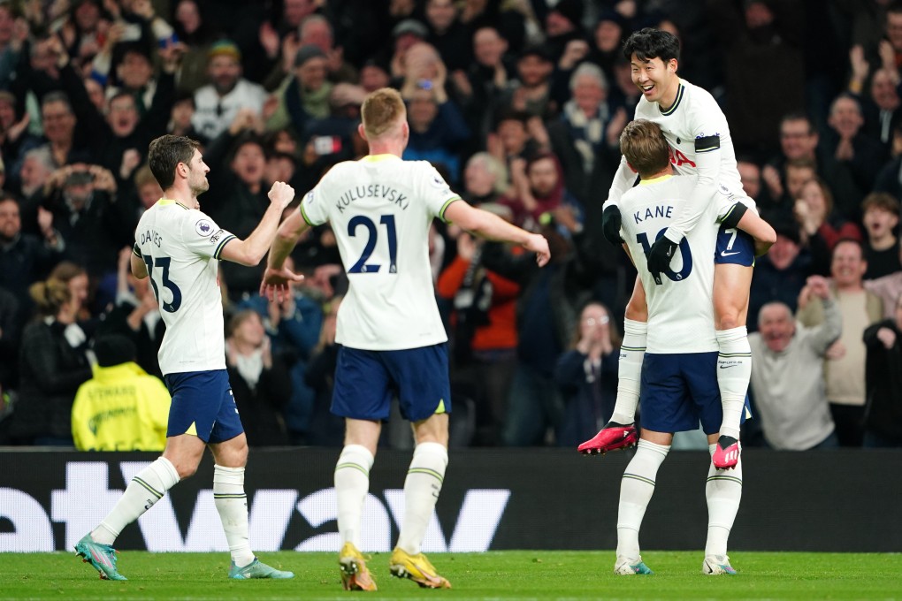 Tottenham Hotspur’s Son Heung-min celebrates scoring his side’s second goal against West Ham United with teammate Harry Kane. Photo: DPA