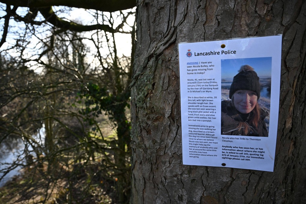 A poster asking for information on missing Nicola Bulley by the banks of the River Wyre, in St Michael’s on Wyre, near Preston, northwest England. Photo: AFP