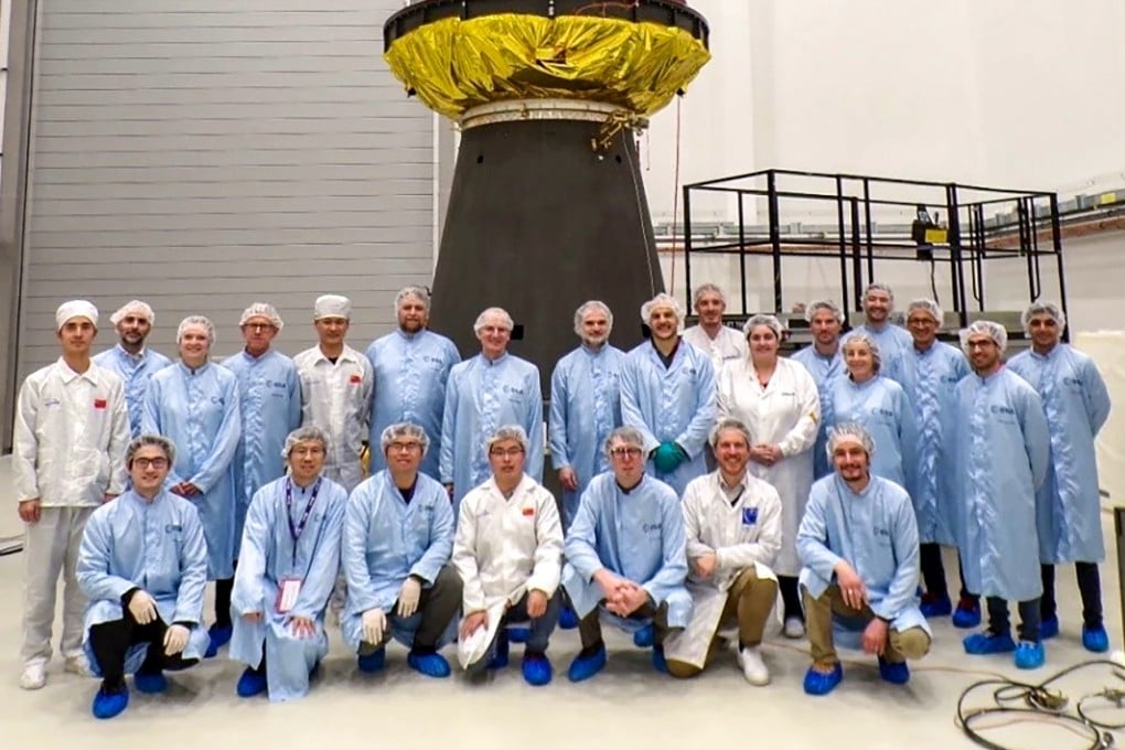 Teams from the Chinese Academy of Sciences, the European Space Agency, and French rocket company Arianespace successfully completed the fit-check and shock tests of SMILE’s service modules and the launcher this month in the Netherlands. Photo: Innovation Academy for Microsatellites, CAS