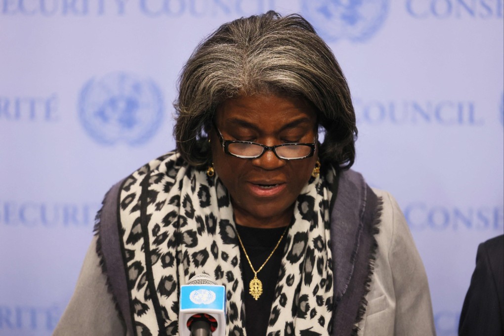 US ambassador to the UN  Linda Thomas-Greenfield at a UN Security Council meeting at the United Nations headquarters in New York on Monday. Photo: Getty Images via AFP