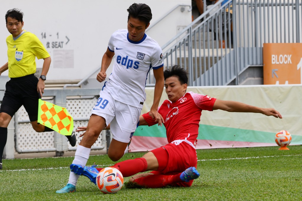 Kitchee’s Poon Pui-hin skips past Southern’s Kawase Kota during their side’s Senior Shield quarter-final at Mong Kok Stadium. Kitchee won 4-1. Photo: Dickson Lee