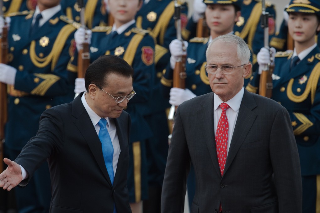 Malcolm Turnbull, Australia’s then-prime minister, pictured with Chinese Premier Li Keqiang during a welcome ceremony at the Great Hall of the People in Beijing in 2016. Photo: AFP