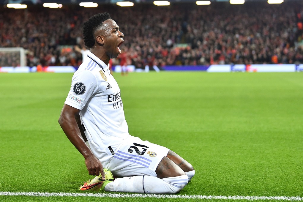 Vinicius Junior of Real Madrid celebrates after scoring his second goal during the Uefa Champions League round of 16 first leg match against Liverpool. Photo: EPA-EFE