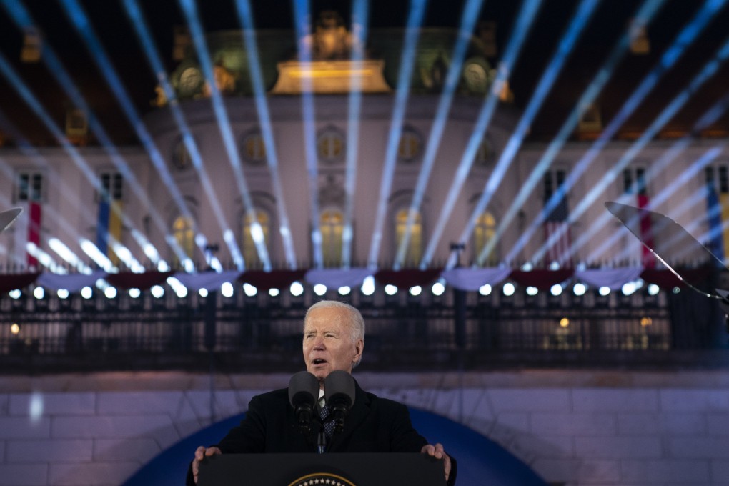 US President Joe Biden delivering a speech on Tuesday at the Royal Castle Gardens in Warsaw, Poland, marking the one-year anniversary of the Russian invasion of Ukraine. Photo: AP