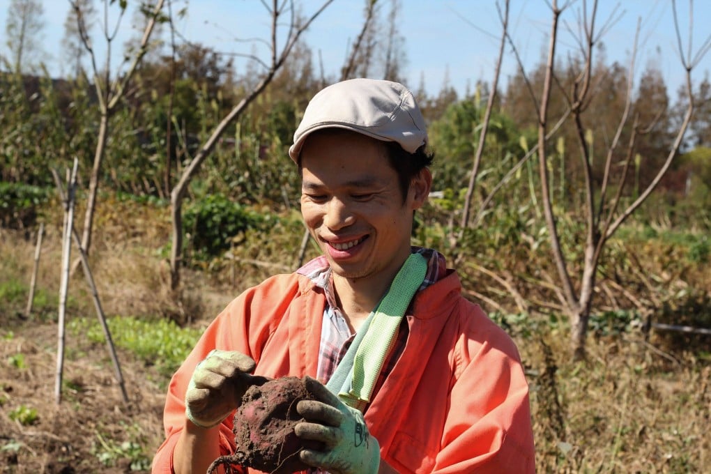A “new farmer” looks at a potato he grew on Chongming Island in Shanghai in 2021. Some young Chinese people are leaving the city to embrace the rural lifestyle. Photo: AFP