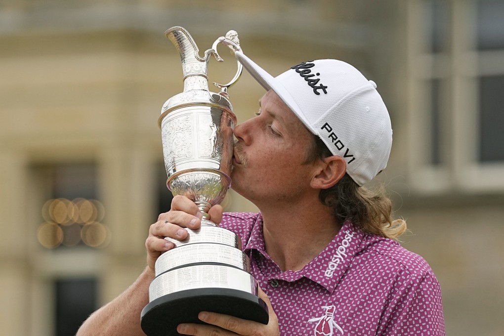 Cameron Smith of Australia kisses the victor’s trophy after winning the British Open golf championship on July 17, 2022, on the Old Course at St Andrews, Scotland. Photo: Kyodo