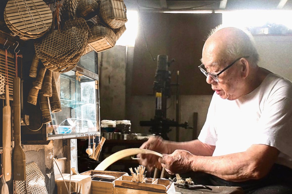 One of Hong Kong’s last bamboo craftsmen, 93-year-old Lui Ming, carries on a century-old tradition of making intricate traditional homewares. Photo: SCMP composite/handout