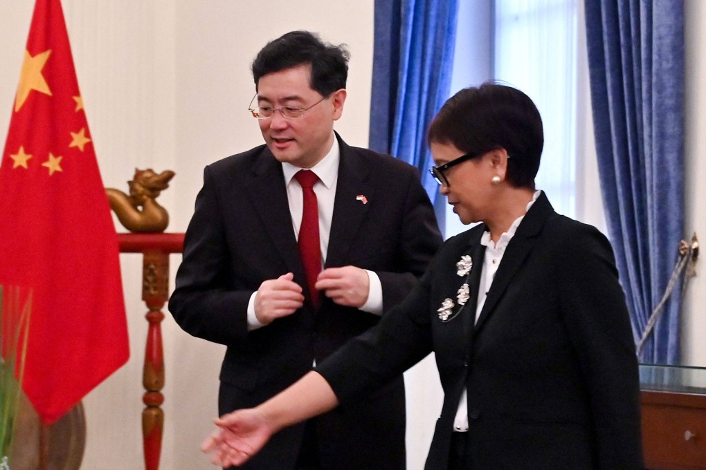Indonesias Foreign Minister Retno Marsudi and Chinas Foreign Minister Qin Gang delivered remarks at a joint press conference during Qin’s two-day visit. Photo: AFP
