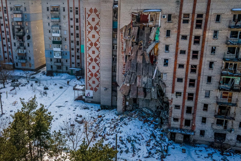 A damaged residential building in the town of Lyman, in Donetsk region, as Russia’s military operations in Ukraine continue. Photo: AFP