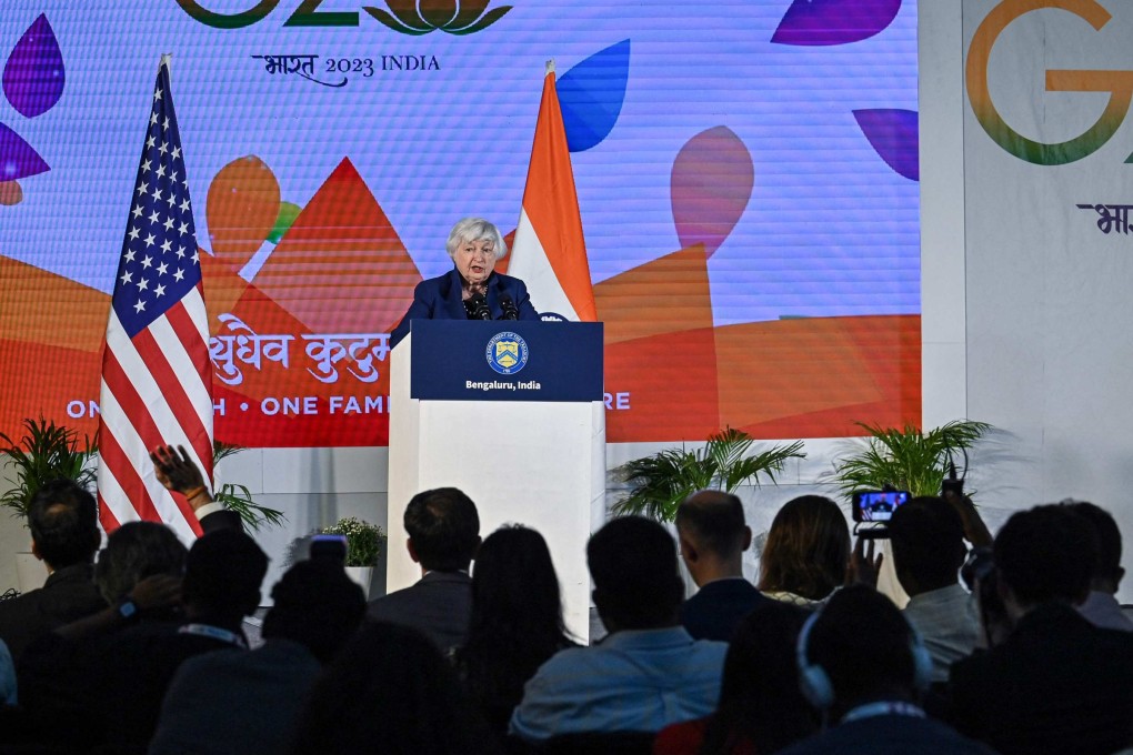 At a news conference ahead of a Group of 20 financial leaders meeting in Bengaluru. Photo: AFP