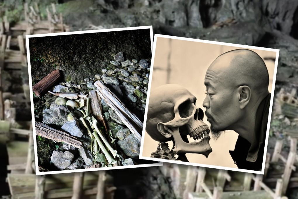 A Chinese man who defiled an ancient burial site by opening coffins, rearranging bones and kissing a skull, all of which he live-streamed, has been handed a nine-month suspended jail term. Photo: SCMP composite