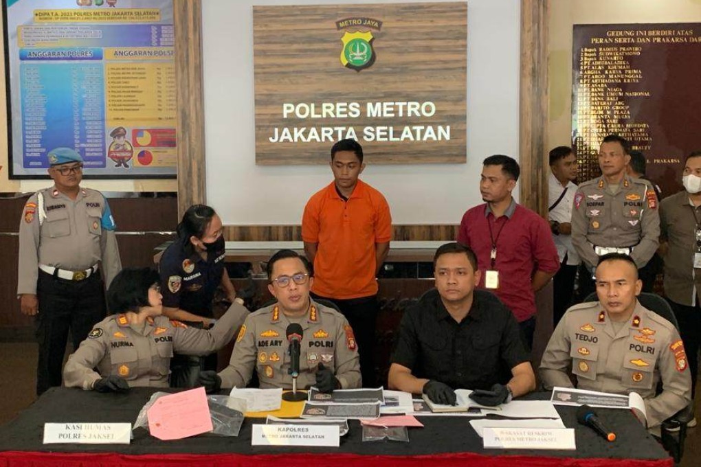Mario Dandy Satrio presented at a police press conference in Jakarta on February 23, 2023. Photo: Handout
