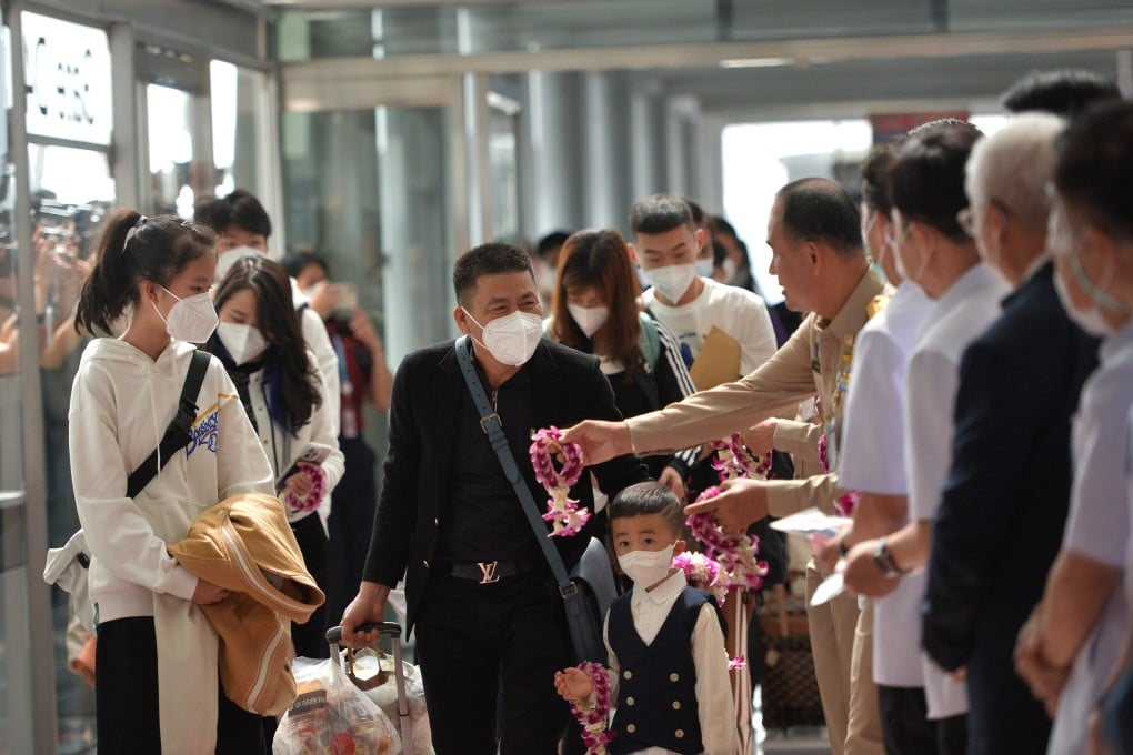 Chinese travellers are greeted at Suvarnabhumi Airport in Bangkok, Thailand, last month. Photo: Xinhua