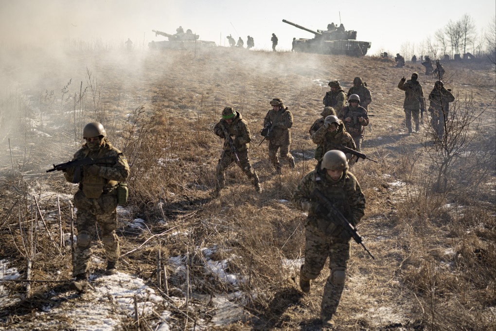 Ukrainian troops in an exercise in the Kharkiv area, Ukraine. The year-long war has caused tens of thousands of casualties on each side. Photo: AP
