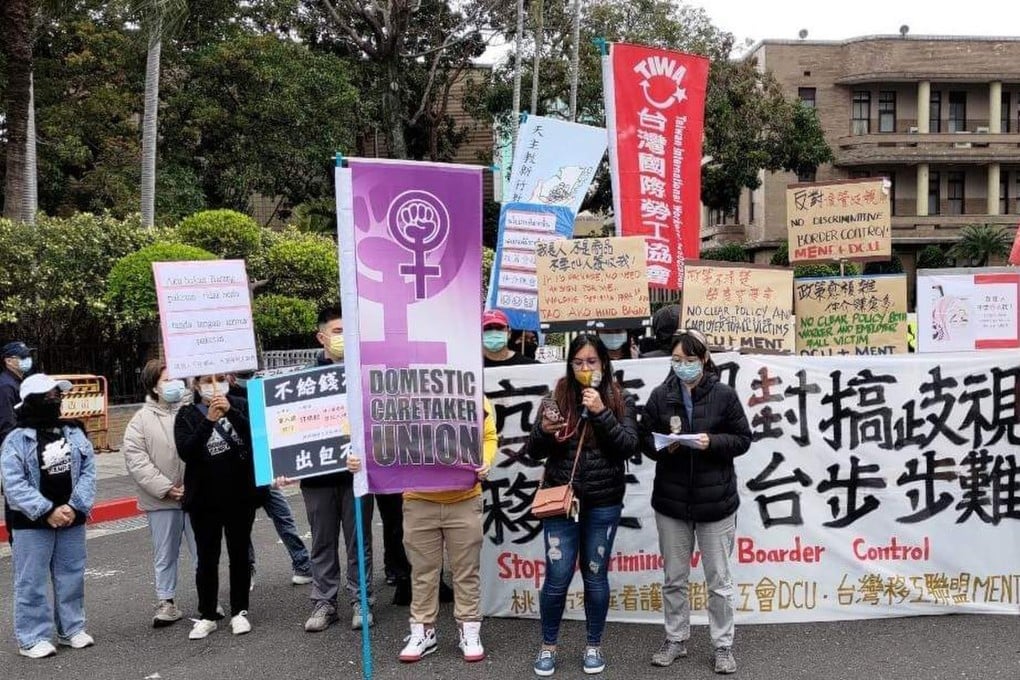 Members of the Domestic Caretaker Union Taoyuan protest at Taiwan government offices on Monday over migrant labour rules. Photo: Domestic Caretaker Union Taoyuan