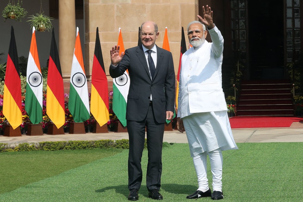 German Chancellor Olaf Scholz (left) and Indian Prime Minister Narendra Modi prior to a meeting at Hyderabad House in New Delhi, India on Saturday. Photo: EPA-EFE