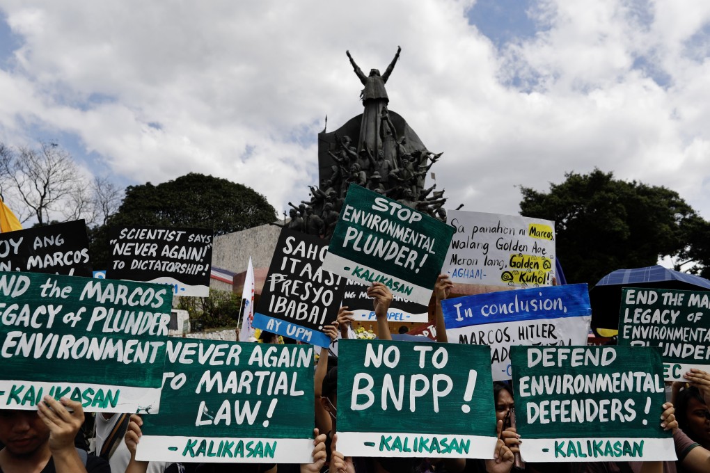 Filipino protesters during a demonstration at the People Power monument in Quezon city, Metro Manila, Philippines on Saturday. Photo: EPA-EFE