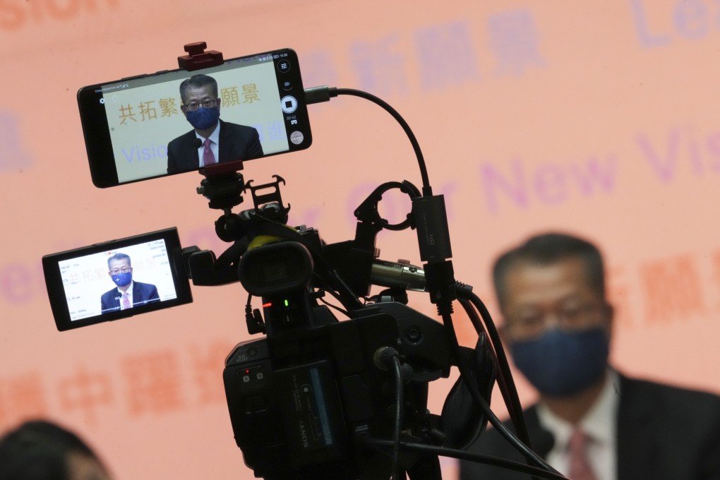 Paul Chan Mo-po at a press conference on the 2023-24 budget. The financial secretary conceded that various government revenues were worse than expected over the past financial year. Photo: Sam Tsang