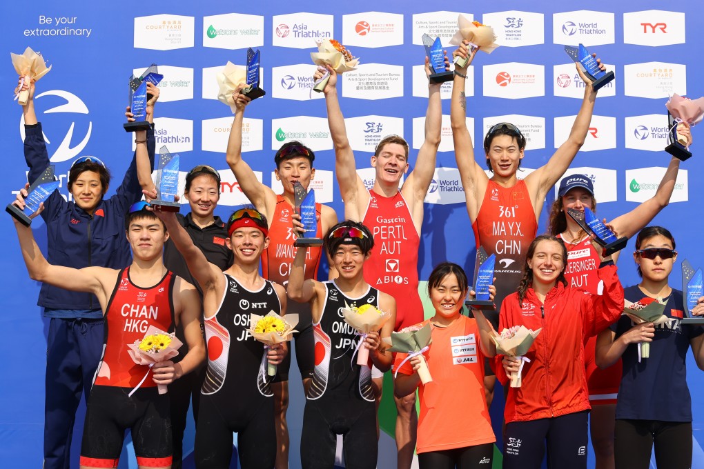 Podium finishers at the 2023 Asia Triathlon Cup Hong Kong at Plover Cove Reservoir. Photos: Dickson Lee