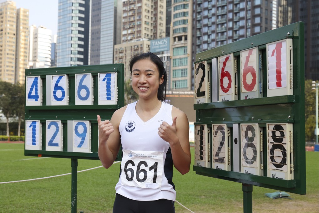 Shannon Chan celebrates her triple jump record at Wan Chai Sports Ground. Photo: Edmond So