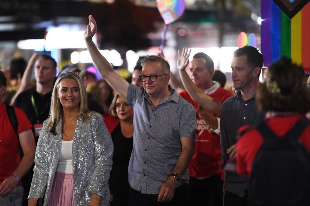 Australia’s Prime Minister Anthony Albanese, centre, joins the 45th annual Mardi Gras parade on Oxford Street in Sydney, Australia on Saturday. Photo: EPA-EFE