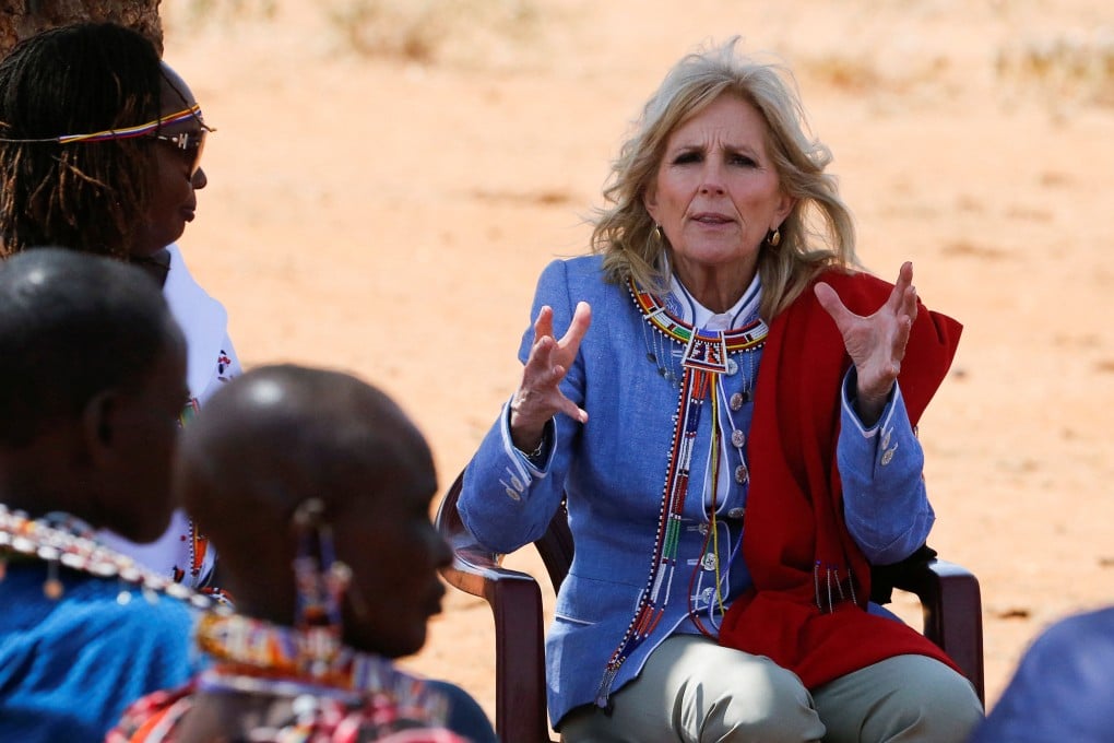 US first lady Jill Biden talks to traditional Maasai women at the drought response site, during a visit to highlight the impacts of drought relief, at the Lositeti village in Matapato North, Kajiado County, Kenya on Sunday. Photo: Reuters